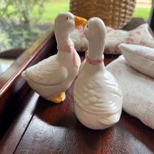 May include: A pair of white ceramic goose salt and pepper shakers with pink bows and orange beaks. The geese are facing each other and appear to be kissing.