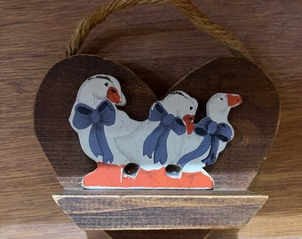 Cottagecore Vintage 80's Wooden Heart Wall Hanging, with Three Country Ducks / White Geese,