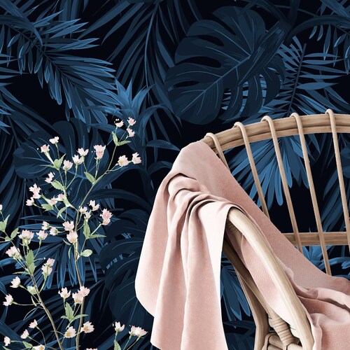 Tropical Wallpaper Blue Leaves Wall Mural Peel and Stick Etsy