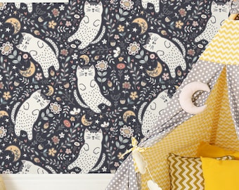 Lindo gato durmiendo entre plantas Papel tapiz - Papel tapiz despegable y pegable - Mural de pared - Papel tapiz autoadhesivo Papel tapiz preencolado