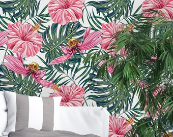 Feuilles de palmier et fleurs roses Fond d'écran amovible-Peel and Stick Wallpaper-Wall Mural- Self Adhesive Wallpaper Pre-Collé Wallpaper