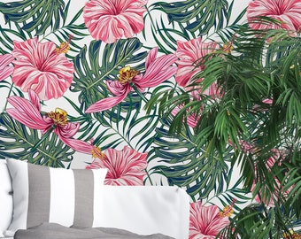 Palm Leaves and Pink Flowers Removable Wallpaper-Peel and Stick Wallpaper-Wall Mural- Self Adhesive Wallpaper Pre-Pasted Wallpaper