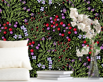 Pattern with Herbs and Berries Removable Wallpaper-Peel and Stick Wallpaper-Wall Mural- Self Adhesive Wallpaper Pre-Pasted Wallpaper