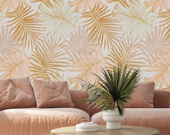 Pink and Gold Palm Leaves Peel and Stick Wallpaper, Wall Mural, Removable Wallpaper, Tropical Wallpaper, Pink Wallpaper, Coastal Wallpaper