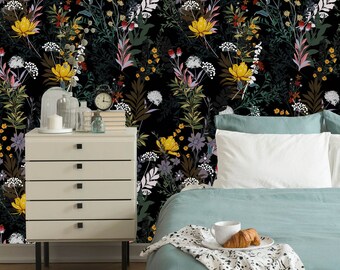 Dark Garden Flowers Removable Wallpaper-Peel and Stick Wallpaper-Wall Mural- Self Adhesive Wallpaper Pre-Pasted Wallpaper