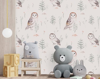 Owls Kids Wallpaper-Peel and Stick Wallpaper-Wall Mural- Self Adhesive Wallpaper Pre-Pasted Wallpaper Nursery Decor Wall Art Beige Wallpaper