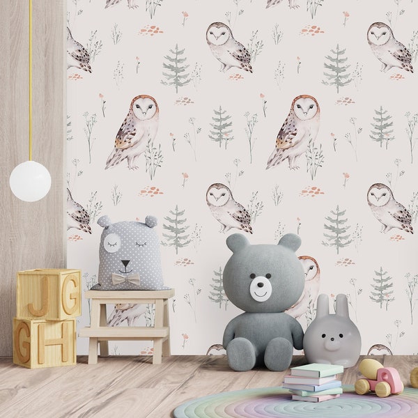 Owls Kids Wallpaper-Peel and Stick Wallpaper-Wall Mural- Self Adhesive Wallpaper Pre-Pasted Wallpaper Nursery Decor Wall Art Beige Wallpaper