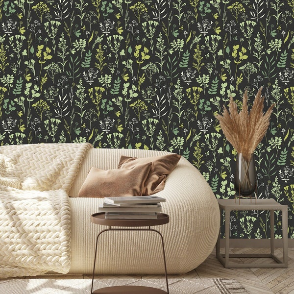 Herbs and Floral Motifs Removable Wallpaper-Peel and Stick Wallpaper-Wall Mural- Self Adhesive Wallpaper Pre-Pasted Wallpaper