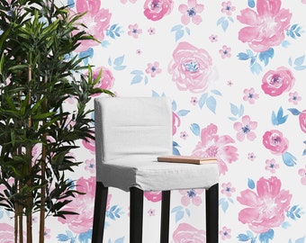 Papel pintado removible floral azul y rosa-Peel and Stick Wallpaper-Mural de pared-Papel pintado autoadhesivo Papel pintado prepegado
