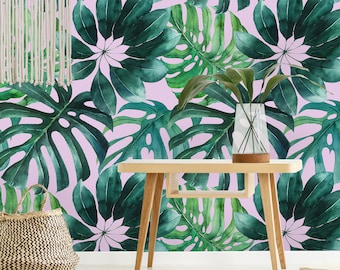 Green Watercolor Palm Leaves Pink Background Removable Wallpaper-Peel and Stick Wallpaper-Wall Mural- Self Adhesive Wallpaper Pre-Pasted