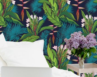 Tropical Leaves Floral Mix Removable Wallpaper-Peel and Stick Wallpaper-Wall Mural- Self Adhesive Wallpaper Pre-Pasted Wallpaper