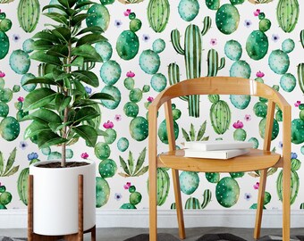 Hand Painted Watercolor Cactus Removable Wallpaper-Peel and Stick Wallpaper-Wall Mural- Self Adhesive Wallpaper Pre-Pasted Wallpaper
