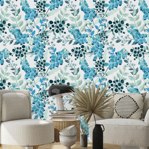 Blaue Beeren Aquarell Abnehmbare Tapete, Schälen und Aufkleben-Tapete, Boho-Tapete, Blaue Tapete Vorgeklebte Botanische Tapete