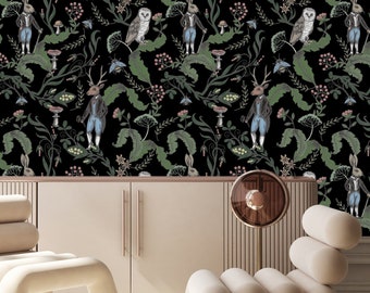 Vintage Mural Woodland Animals, Dark Wallpaper, Kids Peel and Stick Wallpaper, Removable Wallpaper, Pre-Pasted Wallpaper, Nursery Decor