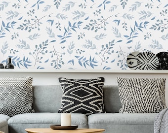 Blue Color Dusty Leaves Removable Wallpaper-Peel and Stick Wallpaper-Wall Mural- Self Adhesive Wallpaper Pre-Pasted Wallpaper