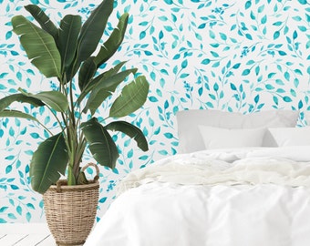 Watercolor Blue and Green Leaves and Flowers Removable Wallpaper-Peel and Stick Wallpaper-Wall Mural- Self Adhesive Wallpaper Pre-Pasted