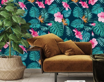 Pink Exotic Flowers Wallpaper-Peel and Stick Wallpaper-Wall Mural- Self Adhesive Wallpaper Pre-Pasted Wallpaper