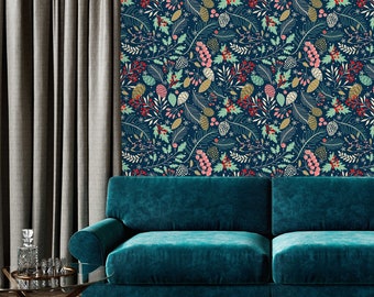 Branches and Leaves Wallpaper-Peel and Stick Wallpaper-Wall Mural- Self Adhesive Wallpaper Pre-Pasted Blue Wallpaper