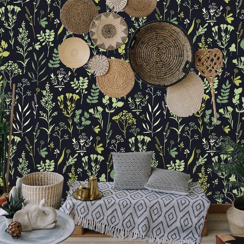 Herbs and Floral Motifs Removable Wallpaper-peel and Stick - Etsy Herbs and Floral Motifs Removable Wallpaper-peel and Stick - Etsy