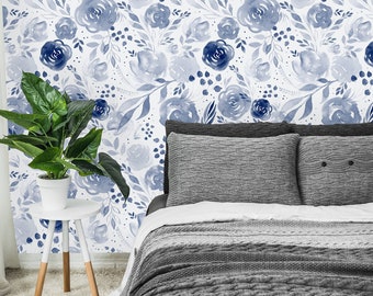 Blue Watercolor Flowers Background Floral Wall Decor Removable Wallpaper-Peel and Stick Wallpaper-Wall Mural- Self Adhesive Pre-Pasted