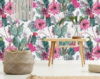 Boho Style Cactus Removable Wallpaper-Peel and Stick Wallpaper-Wall Mural- Self Adhesive Wallpaper Pre-Pasted Wallpaper