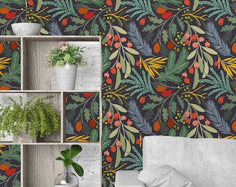 Botanical Background Removable Wallpaper-Peel and Stick Wallpaper-Wall Mural- Self Adhesive Wallpaper Flower Art Pre- Pasted Dark Mural