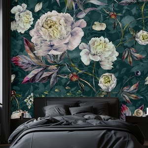 Grandes pivoines blanches, papier peint bleu sarcelle, décoration murale florale aquarelle amovible, auto-adhésif, papier peint grandes fleurs préencollé