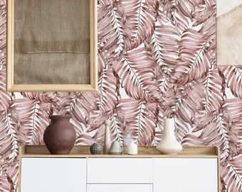 Blush Pink Palm Leaves Removable Wallpaper-Peel and Stick Wallpaper-Wall Mural- Self Adhesive Wallpaper Pre-Pasted Wallpaper