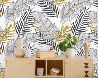 Tropical Gold Leaves Removable Wallpaper-Peel and Stick Wallpaper-Wall Mural- Self Adhesive Wallpaper Pre-Pasted Wallpaper