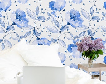 Blue Poppy Flowers Background Removable Wallpaper-Peel and Stick Wallpaper-Wall Mural- Self Adhesive Wallpaper Pre-Pasted Wallpaper