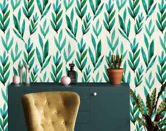 Papel pintado extraíble de hojas verdes de acuarela, papel pintado de pelar y pegar, mural de pared, papel pintado autoadhesivo, ilustraciones botánicas prepegadas