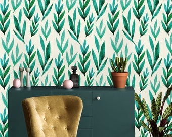 Watercolor Green Leaves Removable Wallpaper-Peel and Stick Wallpaper-Wall Mural- Self Adhesive Wallpaper Botanical Illustrations Pre-Pasted