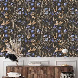 Dark Floral Removable Wallpaper, Peel and Stick Wallpaper, Blue Botanical Wall Mural, Self Adhesive Wallpaper Pre-Pasted, Accent Wall