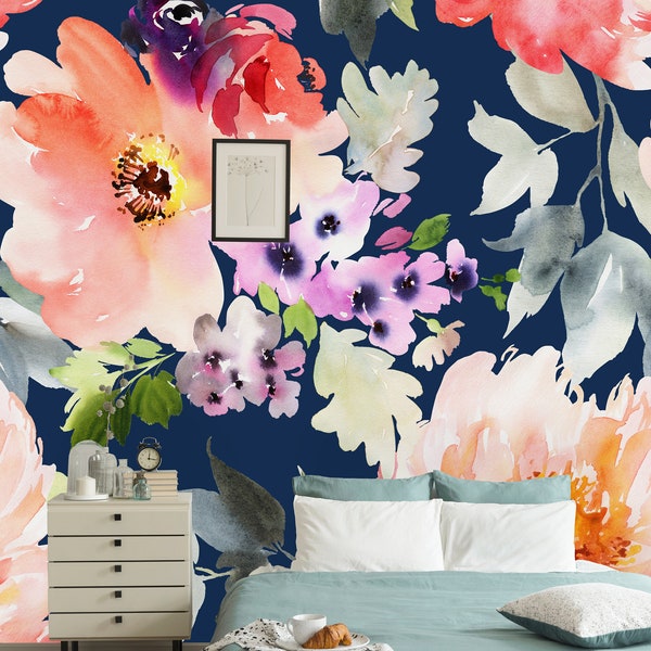 Large Watercolor Flowers on Navy Background Removable Wallpaper-Peel and Stick Wallpaper-Wall Mural- Self Adhesive Wallpaper Pre-Pasted