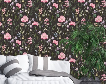 Hand Painted Field Flowers on Black Background Removable Wallpaper-Peel and Stick Wallpaper-Wall Mural- Self Adhesive Wallpaper Pre-Pasted
