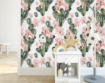 Watercolor Pastel Cactus and Flowers Removable Wallpaper-Peel and Stick Wallpaper-Wall Mural- Pre-Pasted Wallpaper Nursery Wall Decor