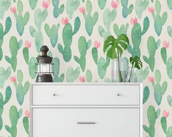 Green Watercolor Cactus Removable Wallpaper-Peel and Stick Wallpaper-Wall Mural- Self Adhesive Wallpaper Pre-Pasted Wallpaper