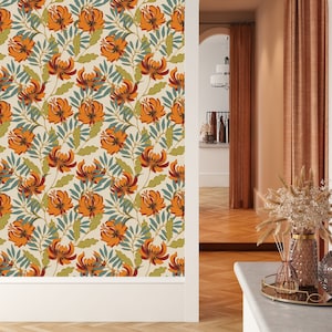 Large Orange Flowers Wallpaper, Peel and Stick Wallpaper, Wall Mural, Self Adhesive Wallpaper, Pre-Pasted, Nursery Decor, Floral Wallpaper