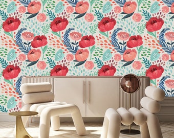 Red Poppy Flowers Wallpaper, Peel and Stick Wallpaper, Wall Mural, Self Adhesive Wallpaper, Pre-Pasted, Wall Art, Nursery Decor, Floral Wall