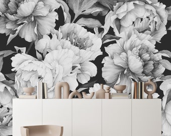 Black and White Peonies, Peel and Stick Wallpaper, Removable Watercolor Floral Mural, Self Adhesive, Pre-Pasted Large Peony Wallpaper