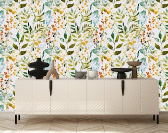 Hand Drawn Boho Spring Leaves Removable Wallpaper-Peel and Stick Wallpaper-Wall Mural- Self Adhesive Wallpaper Wildflower Art Pre-Pasted