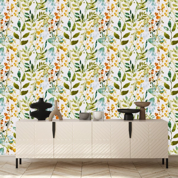 Hand Drawn Boho Spring Leaves Removable Wallpaper-Peel and Stick Wallpaper-Wall Mural- Self Adhesive Wallpaper Wildflower Art Pre-Pasted