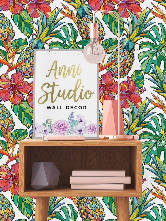 Pineapples and Palm Leaves Removable Wallpaper-Peel and Stick Wallpaper-Wall Mural Self Adhesive Wallpaper