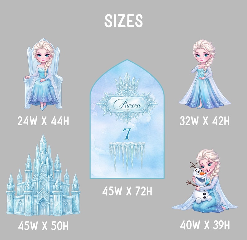Op de afbeelding: Een verzameling van vijf decoratieve uitsparingen met een stripfiguur met blond haar in een blauwe jurk, een ijskasteel en een centraal boogbord met de tekst SIZES, Aurora en het cijfer 7, met afmetingen vermeld in inches.