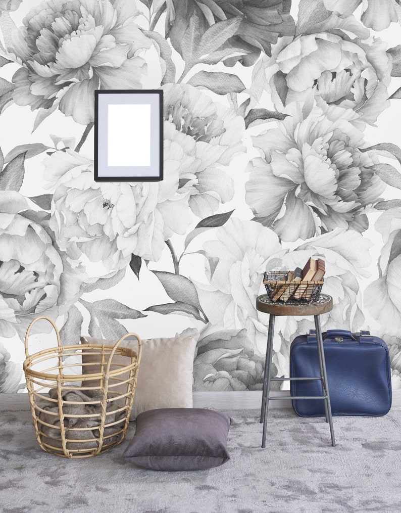 Giant Black and White Peony Removable Wallpaperpeel and Stick Etsy