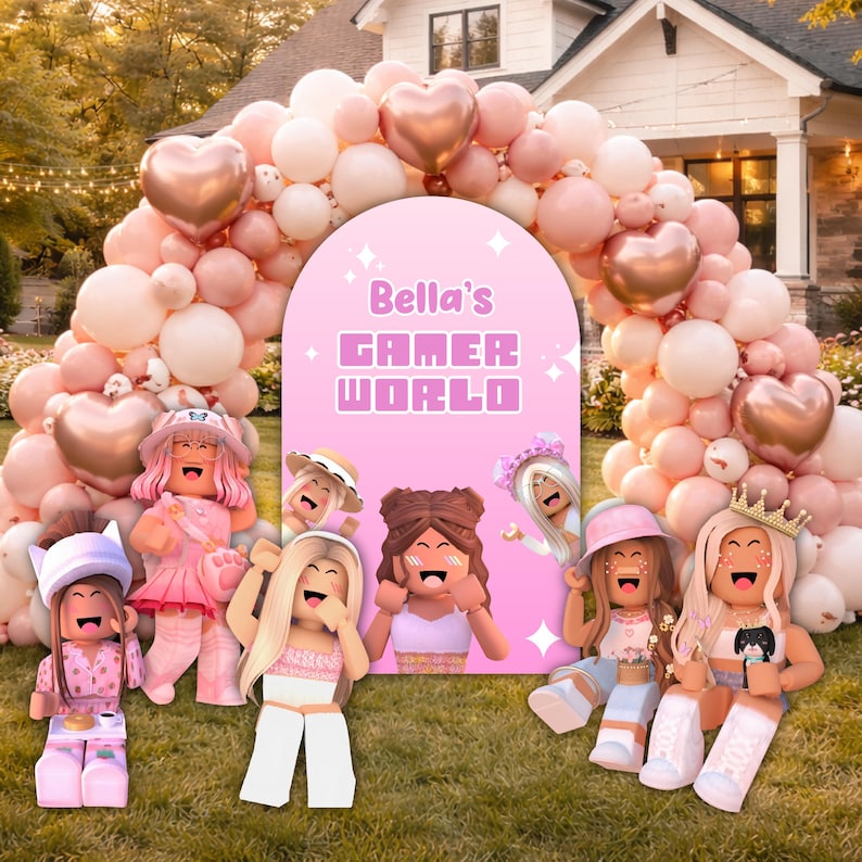 Rosa Roblox-flickor utklipp, trädgårdsskylt, födelsedagsdekoration, spelfestdekor, bakgrund, gräsmatteskylt bild 4