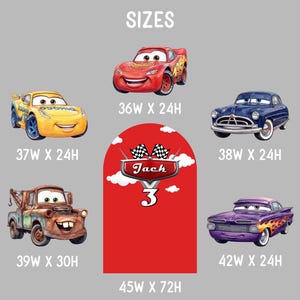 May include: An illustration of several cartoon cars, including a red race car, a yellow car, a blue vintage car, a rusty tow truck, and a purple car with flames. The image includes the text "SIZES" and dimensions in inches.