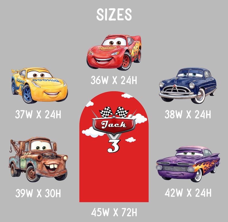 May include: An illustration of several cartoon cars, including a red race car, a yellow car, a blue vintage car, a rusty tow truck, and a purple car with flames. The image includes the text "SIZES" and dimensions in inches.