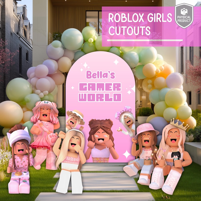 Rosa Roblox-flickor utklipp, trädgårdsskylt, födelsedagsdekoration, spelfestdekor, bakgrund, gräsmatteskylt bild 1