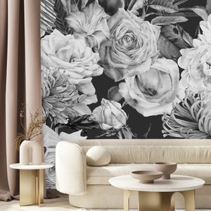 2 Days Shipping Black and White Vintage Floral Mix, Removable Wallpaper, Peel and Stick Wallpaper, Wall Mural, Pre-Pasted Wallpaper